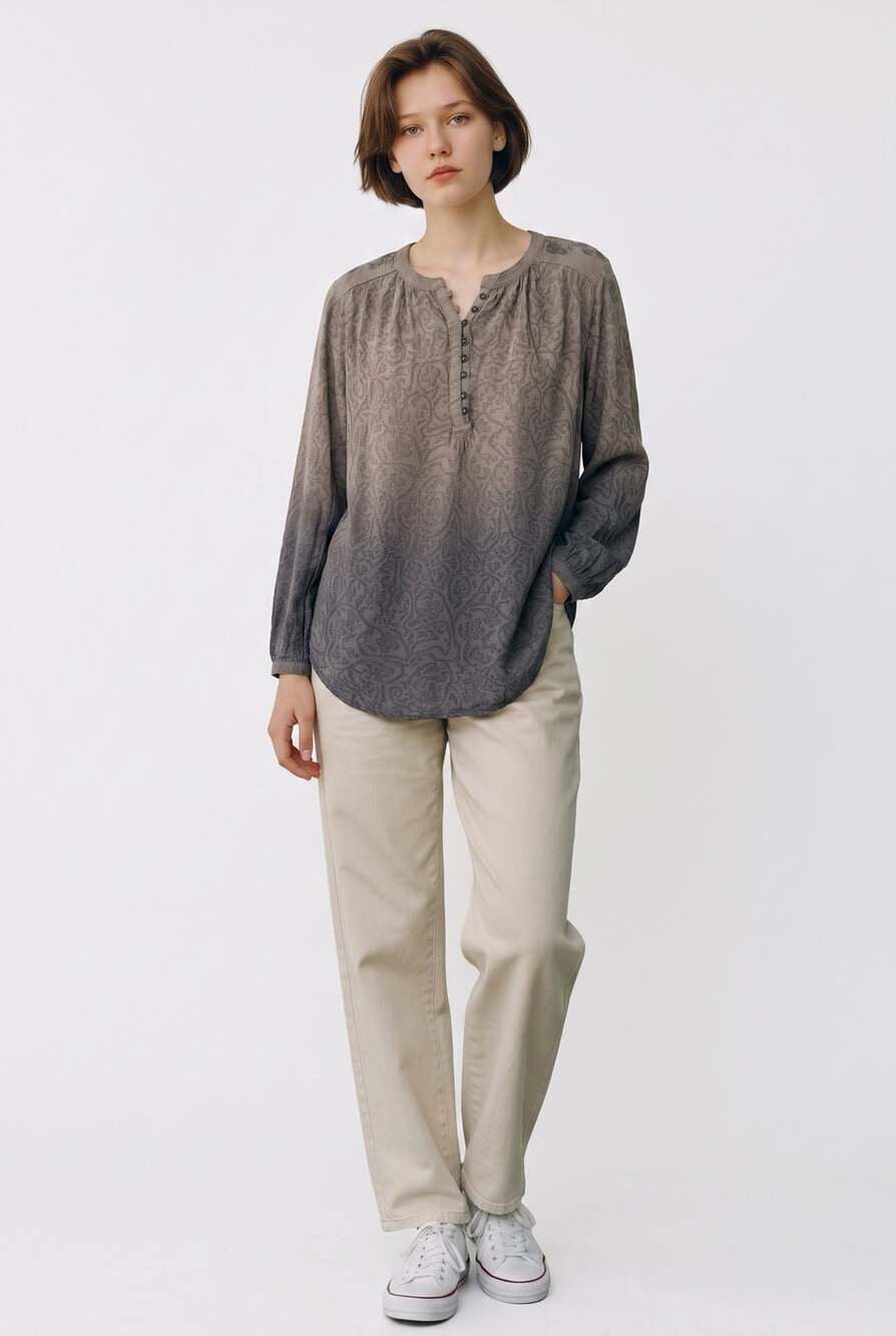 Lucky Brand Gray Ombre Embroidered Paisley Henley Blouse Size S